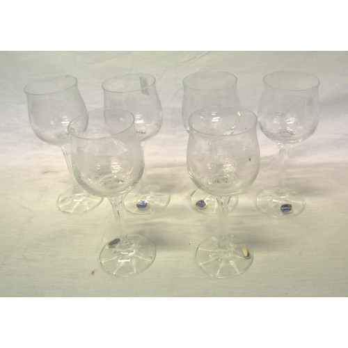 228 - Set of 6 Edwardian style etched tulip shaped wine glasses with hexagonal stems & round bases