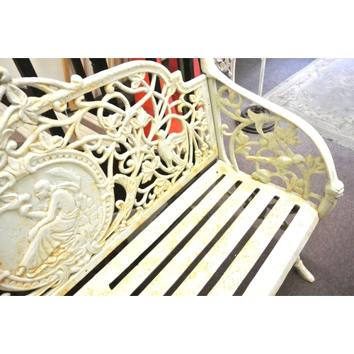 287 - Ornate cast iron garden bench with foliate, bird and figured decoration and shaped legs