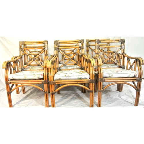 298 - Set of 6 bamboo conservatory open armchairs with foliate cushions