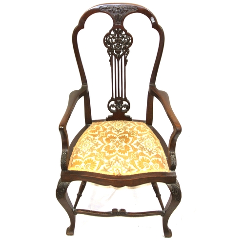 301 - Victorian mahogany open armchair with foliate carved pierces splat, shaped arms and seat, on cabriol... 