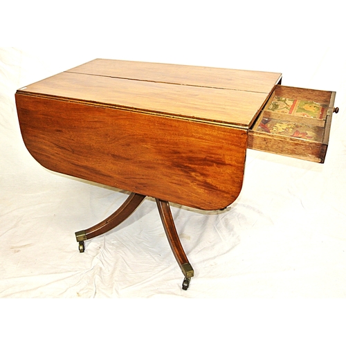 110 - Edwardian mahogany Pembroke table with drop leaves, frieze drawer, on turned column, on quadrapod wi... 