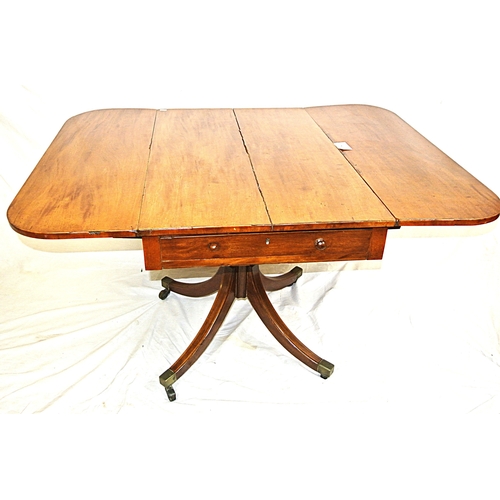 110 - Edwardian mahogany Pembroke table with drop leaves, frieze drawer, on turned column, on quadrapod wi... 