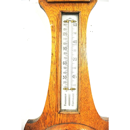 138 - Edwardian style oak wheel barometer with brass framed dial and thermometer