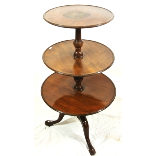 151 - Victorian style mahogany 3 tier round dumbwaiter with raised rims, revolving tiers, on hipped tripod... 