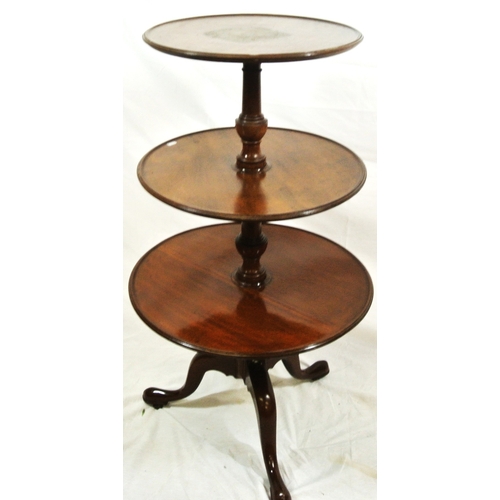 151 - Victorian style mahogany 3 tier round dumbwaiter with raised rims, revolving tiers, on hipped tripod... 