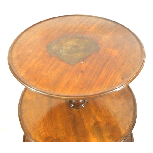 151 - Victorian style mahogany 3 tier round dumbwaiter with raised rims, revolving tiers, on hipped tripod... 