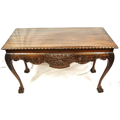 155 - Georgian design mahogany side or serving table with ornate foliate carved apron, carved cabriole leg... 