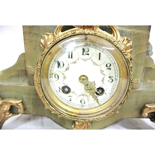 167 - French style green alabaster 12 hour mantle clock with ornate ormolu and enamel dial