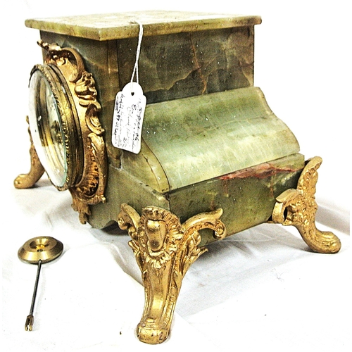 167 - French style green alabaster 12 hour mantle clock with ornate ormolu and enamel dial
