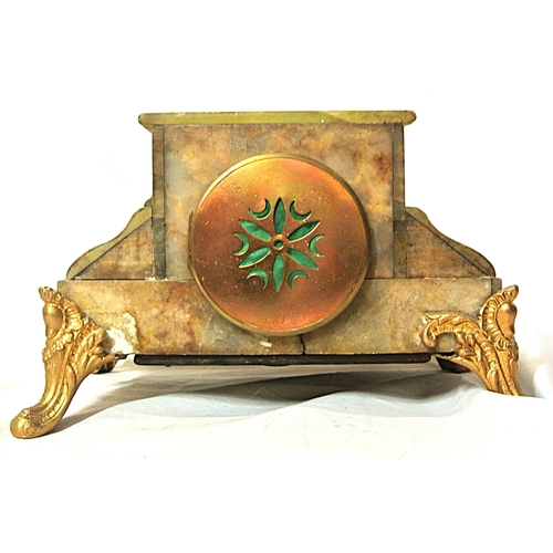167 - French style green alabaster 12 hour mantle clock with ornate ormolu and enamel dial