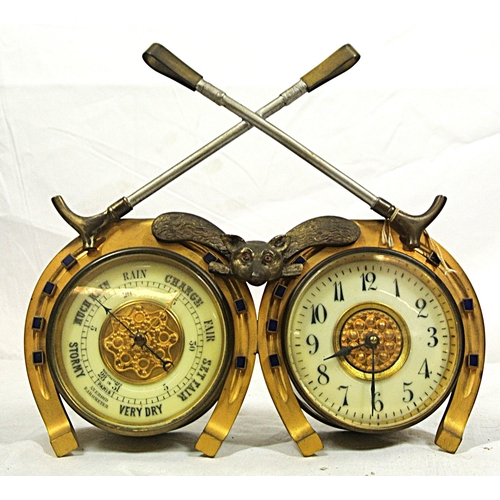 168 - Art deco style brass weather station with fox hunting decoration and round dials