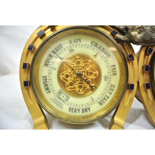 168 - Art deco style brass weather station with fox hunting decoration and round dials