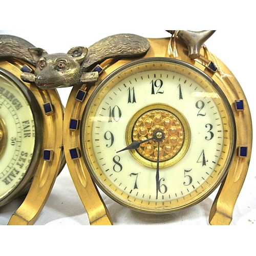 168 - Art deco style brass weather station with fox hunting decoration and round dials