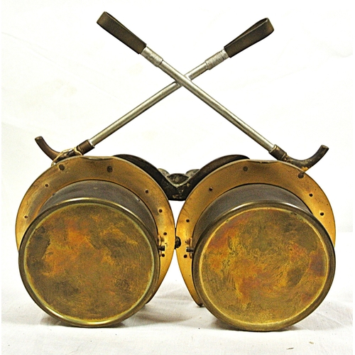 168 - Art deco style brass weather station with fox hunting decoration and round dials