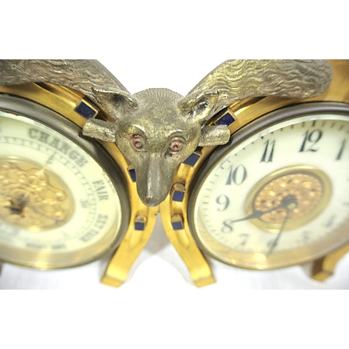 168 - Art deco style brass weather station with fox hunting decoration and round dials