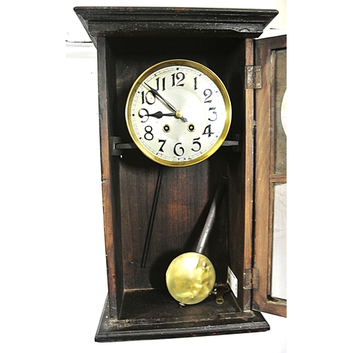 184 - French mahogany 12 hour wall clock with brass framed dial and pendulum