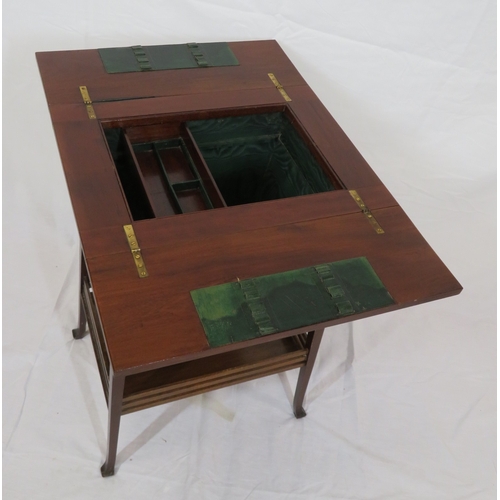 186 - Edwardian mahogany work or sewing table with fold over top, slide, materiel drop, on tapering legs