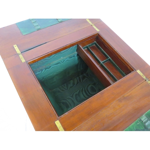 186 - Edwardian mahogany work or sewing table with fold over top, slide, materiel drop, on tapering legs