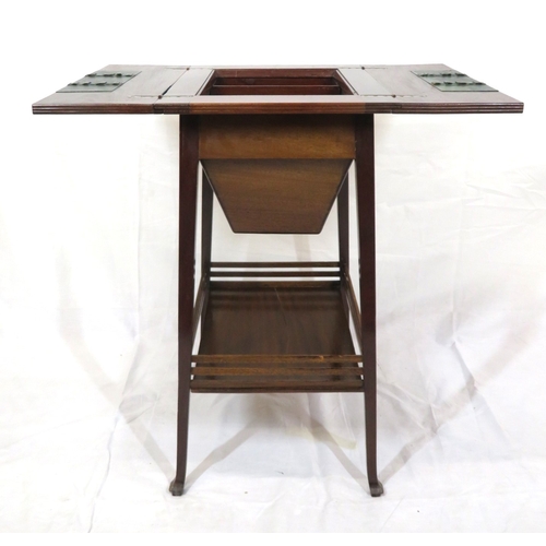 186 - Edwardian mahogany work or sewing table with fold over top, slide, materiel drop, on tapering legs