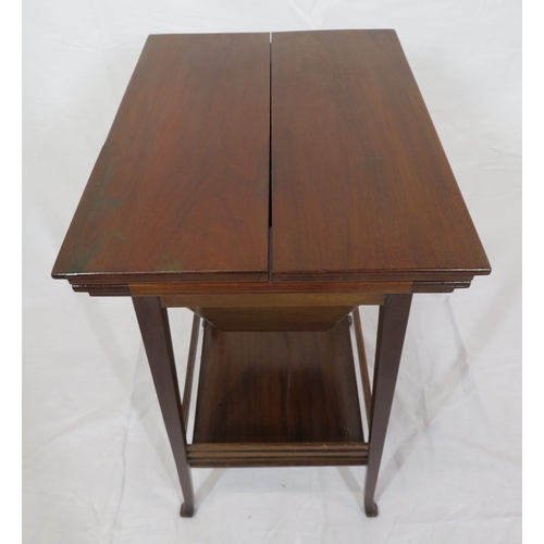 186 - Edwardian mahogany work or sewing table with fold over top, slide, materiel drop, on tapering legs