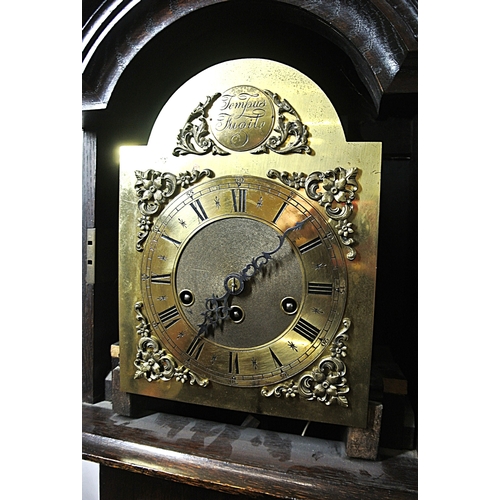 194 - Edwardian style oak cased grandmother clock with domed top, brass framed dial with ormolu mounts, on... 