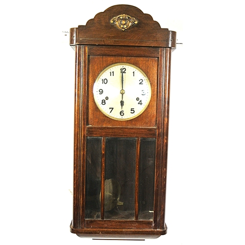 204 - Edwardian style mahogany cased wall clock with brass framed dial and pendulum