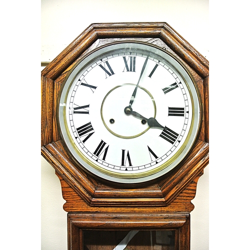 212 - Victorian style regulator wall clock with hexagonal top,  brass framed dial and pendulum