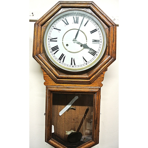 212 - Victorian style regulator wall clock with hexagonal top,  brass framed dial and pendulum
