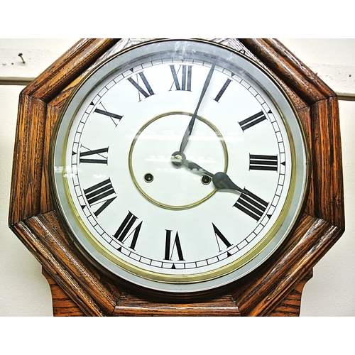 212 - Victorian style regulator wall clock with hexagonal top,  brass framed dial and pendulum