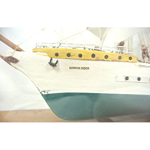 213 - Ornate model of a 3 masted barque - 'Gorch Foch' in glass display cabinet