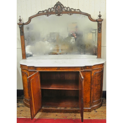 215 - Edwardian inlaid walnut chiffonier sideboard with ornate mirrored back, scroll carved pediment, shap... 