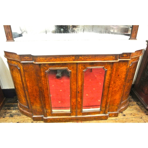 215 - Edwardian inlaid walnut chiffonier sideboard with ornate mirrored back, scroll carved pediment, shap... 