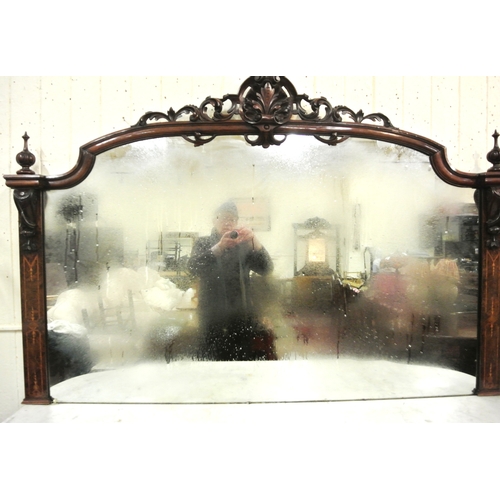 215 - Edwardian inlaid walnut chiffonier sideboard with ornate mirrored back, scroll carved pediment, shap... 