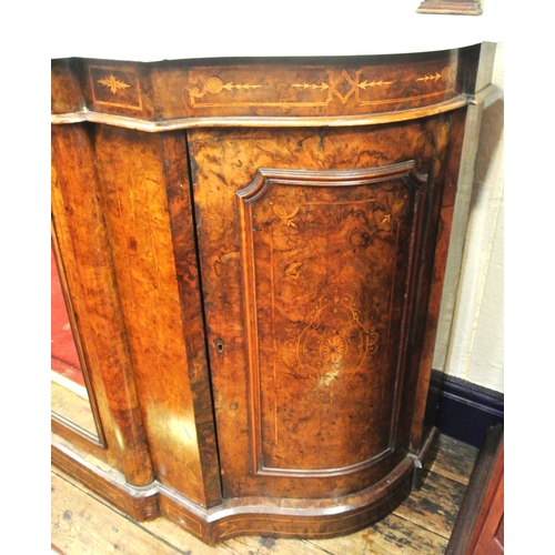 215 - Edwardian inlaid walnut chiffonier sideboard with ornate mirrored back, scroll carved pediment, shap... 