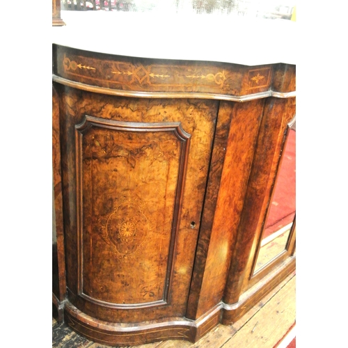215 - Edwardian inlaid walnut chiffonier sideboard with ornate mirrored back, scroll carved pediment, shap... 