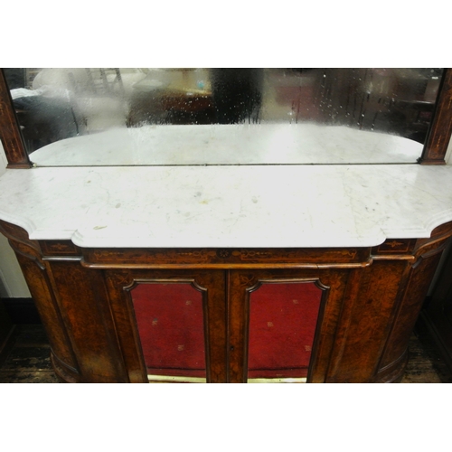 215 - Edwardian inlaid walnut chiffonier sideboard with ornate mirrored back, scroll carved pediment, shap... 