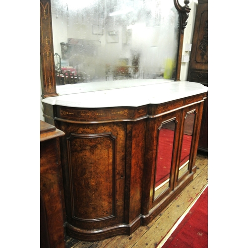 215 - Edwardian inlaid walnut chiffonier sideboard with ornate mirrored back, scroll carved pediment, shap... 