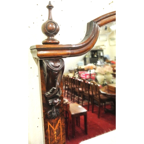 215 - Edwardian inlaid walnut chiffonier sideboard with ornate mirrored back, scroll carved pediment, shap... 