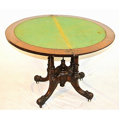 220 - Victorian inlaid walnut demi-lune card table with swivel fold-over top, foliate inlaid, baize top, r... 