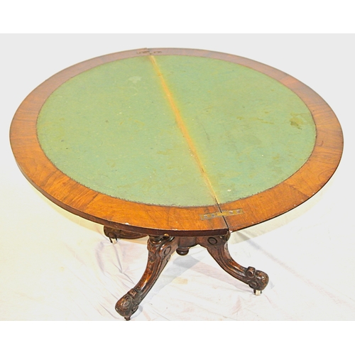 220 - Victorian inlaid walnut demi-lune card table with swivel fold-over top, foliate inlaid, baize top, r... 