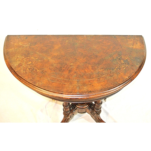 220 - Victorian inlaid walnut demi-lune card table with swivel fold-over top, foliate inlaid, baize top, r... 