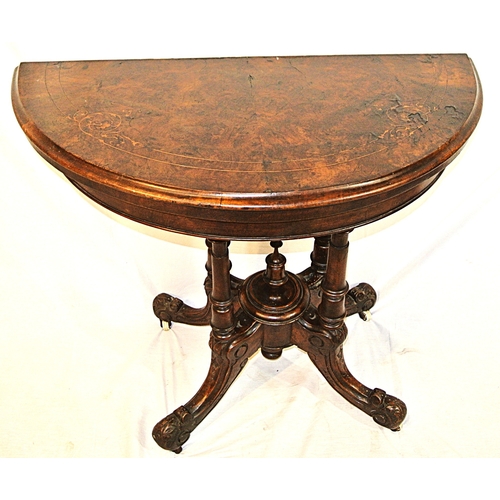 220 - Victorian inlaid walnut demi-lune card table with swivel fold-over top, foliate inlaid, baize top, r... 