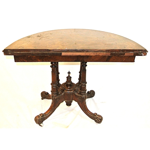 220 - Victorian inlaid walnut demi-lune card table with swivel fold-over top, foliate inlaid, baize top, r... 