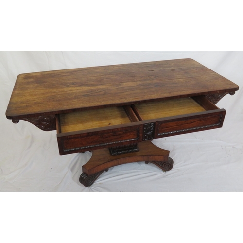230 - Victoria oblong rosewood library or hall  table with two frieze drawers, scroll and foliate decorati... 