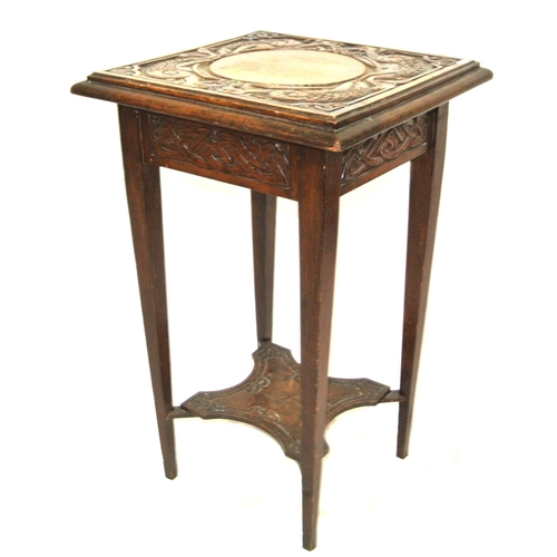 270 - Edwardian style carved oak square occasional table with foliate decoration
