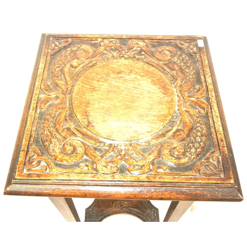 270 - Edwardian style carved oak square occasional table with foliate decoration