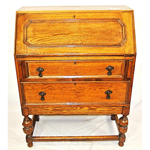 96 - Edwardian style oak bureau with drop-down front, fitted interior, 2 drawers under with drop handles,... 