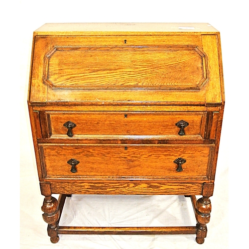 96 - Edwardian style oak bureau with drop-down front, fitted interior, 2 drawers under with drop handles,... 
