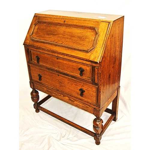 96 - Edwardian style oak bureau with drop-down front, fitted interior, 2 drawers under with drop handles,... 