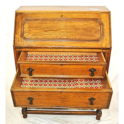 96 - Edwardian style oak bureau with drop-down front, fitted interior, 2 drawers under with drop handles,... 
